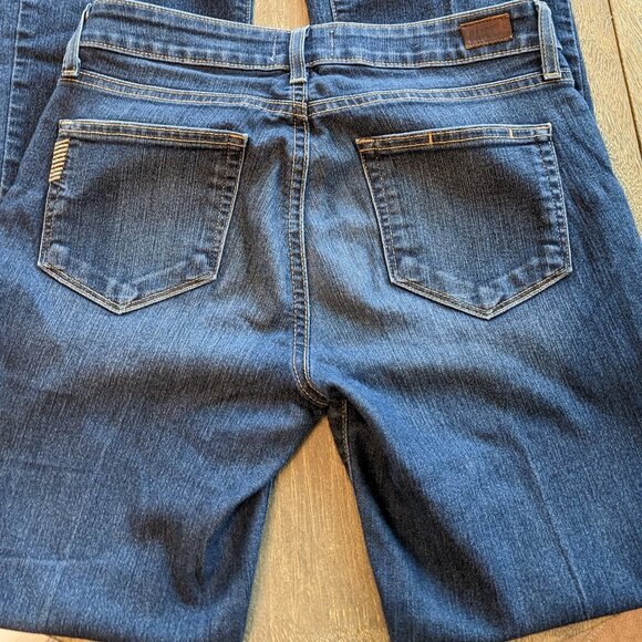 PAIGE, Dark Wash Distressed Skyline Boot Cut Low Rise Denim Blue Jeans, Size 27 - Picture 9 of 11